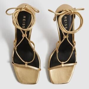 Reiss Kali Leather strappy Stiletto wrap Sandals gold Metallic size 37 MSRP $285